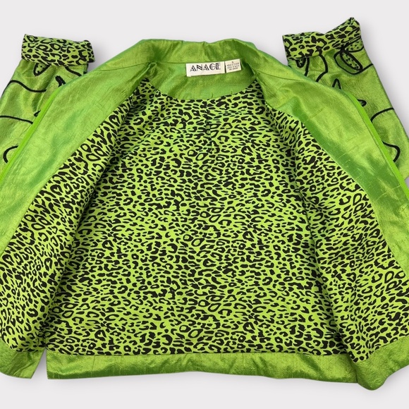 VINTAGE 90s Anage 100% Silk Women Jacket Blazer Embroider Green Christmas SMALL - Picture 9 of 16